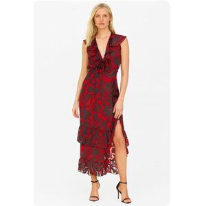 SALONI Anita Silk Slit Hem Ruffle Midi Dress scarlett red velvet burnout size 6
